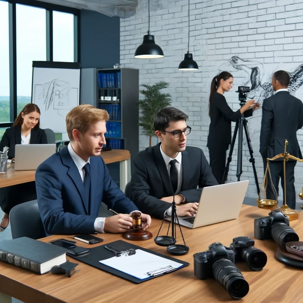 Abogados que planifican campañas de marketing por vídeo en la oficina moderna