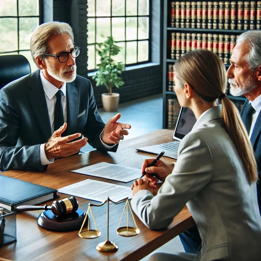 Personal Injury Lawyer Discussing Case with Clients in Office