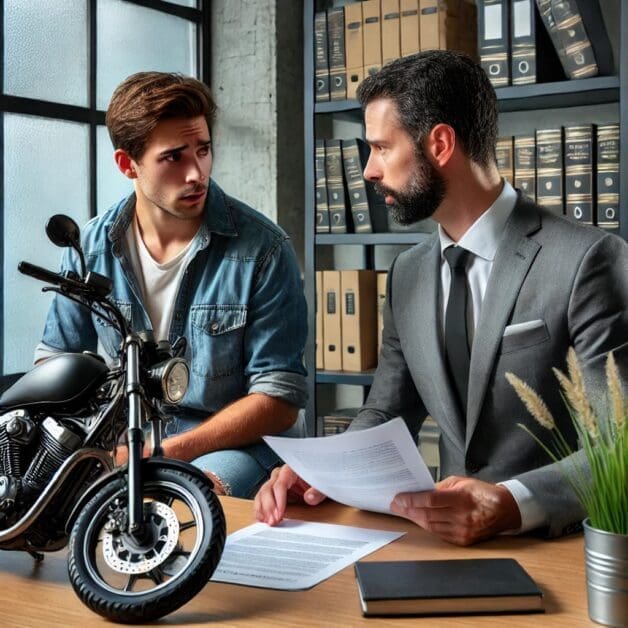 Client Consults Motorcycle Accident Lawyer About Partial Fault Compensation