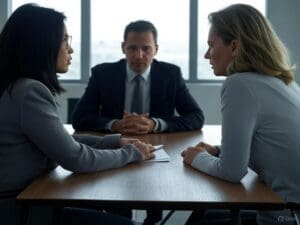 Legal Binding of Divorce Mediation Shown with Mediator and Couple in Office Talk