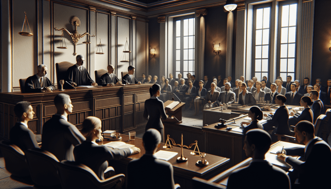 Judge's Gavel and Legal Books in Courtroom