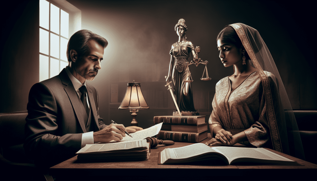 Lawyer Reviewing Documents in Courtroom Setting