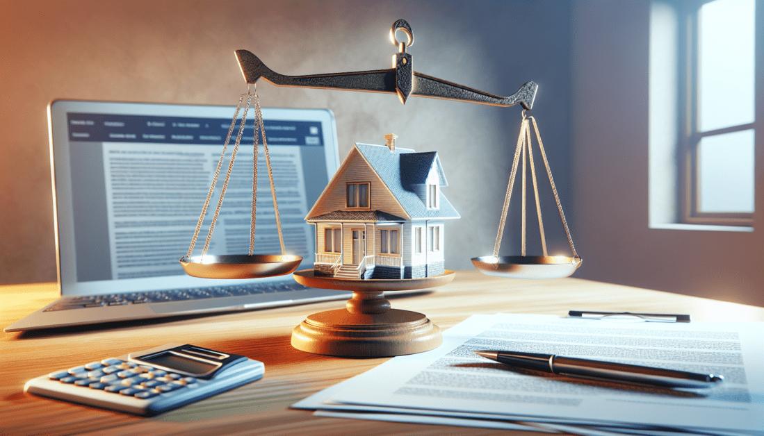 Housing law guide with scales of justice and house