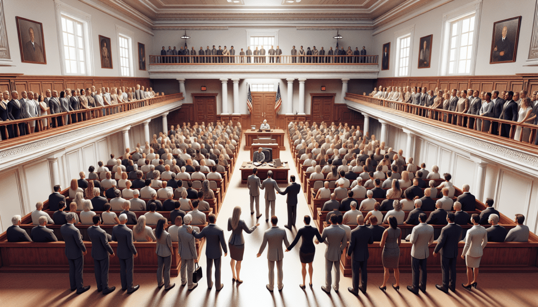Scales of Justice with Gavel in Courtroom Setting