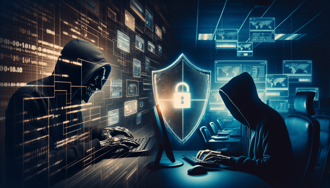 Hacker at computer with digital security threats