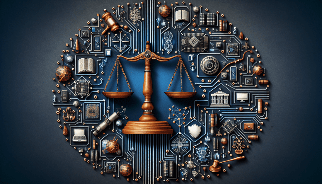 Digital Law Book with Gavel and Tech Symbols
