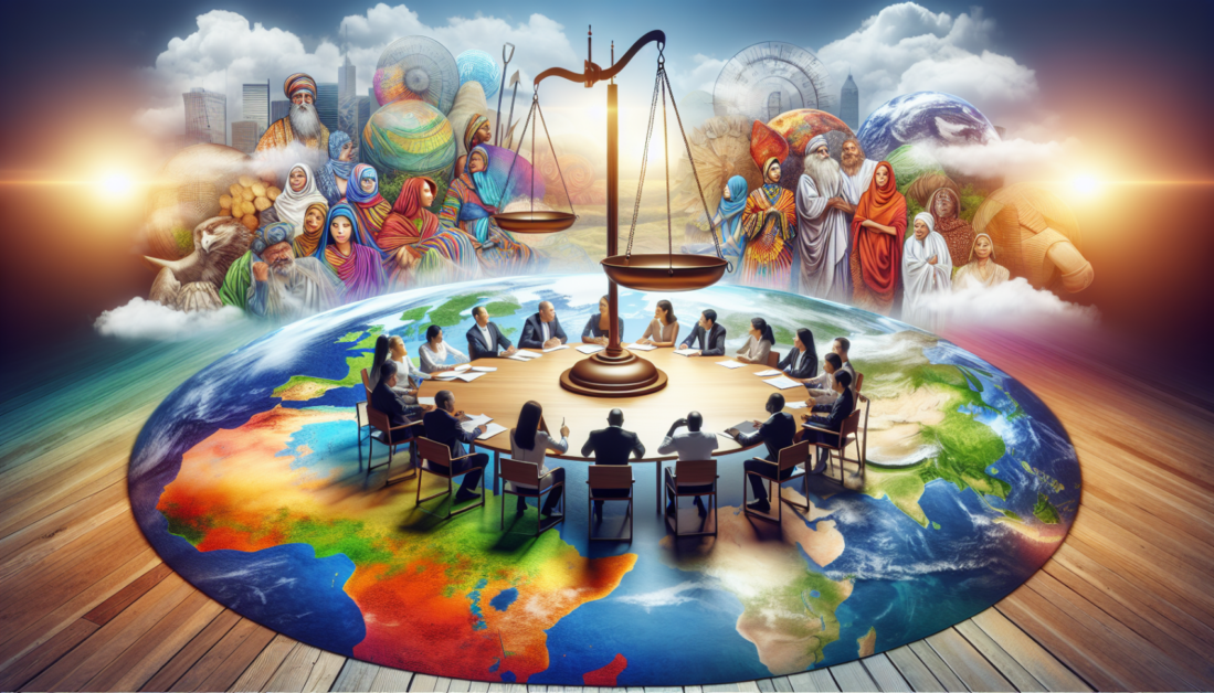 Global map showing justice scales and diverse people