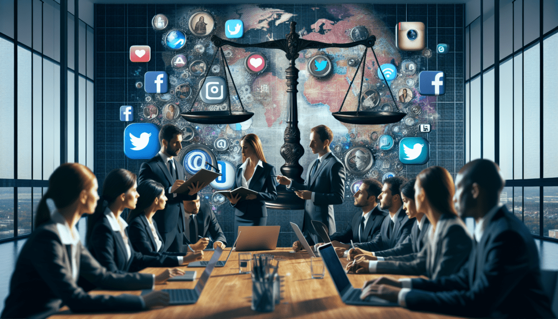 Lawyer using social media marketing on laptop