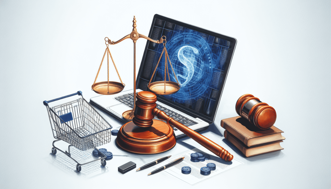 E-commerce law guide with legal symbols and shopping cart