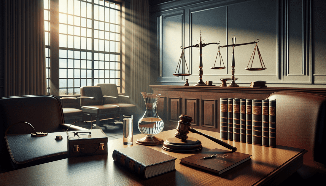 Judge's Gavel and Legal Books in Courtroom Setting