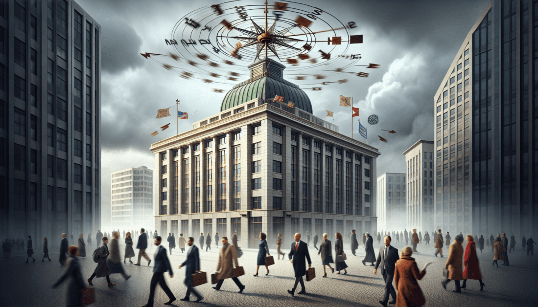 Crumbling Government Building with Worried Citizens Below