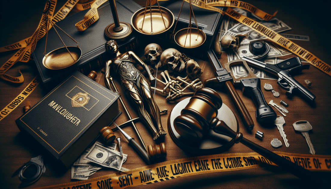 Legal gavel and handcuffs on wooden desk