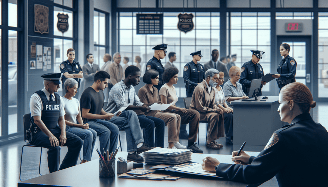 Police Officer Taking Report from Citizen at Desk