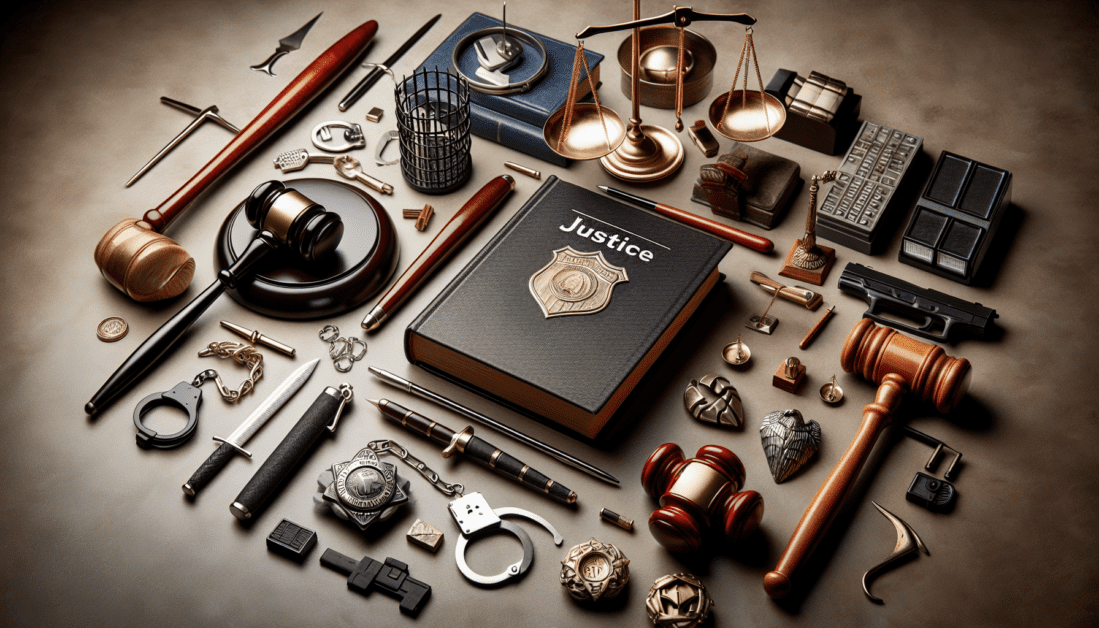 Legal scales, gavel, and handcuffs symbolizing justice