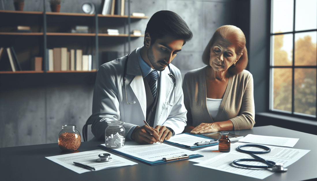 Senior couple reviewing healthcare directive forms