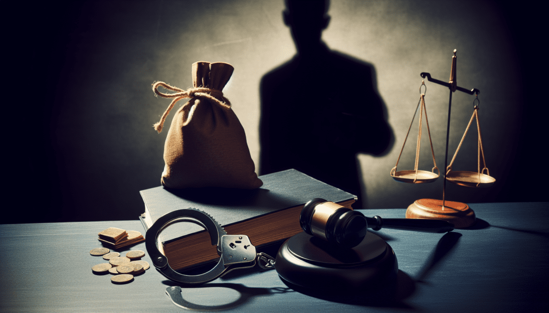 Gavel, Handcuffs, and Stolen Items on Wooden Surface