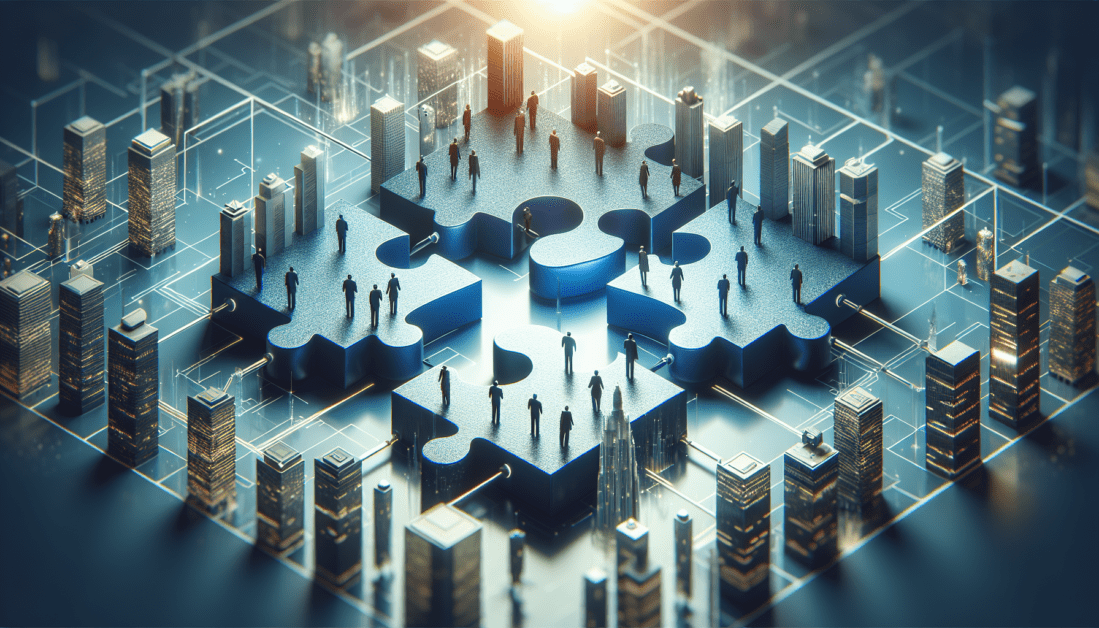 Business executives discussing merger strategy documents