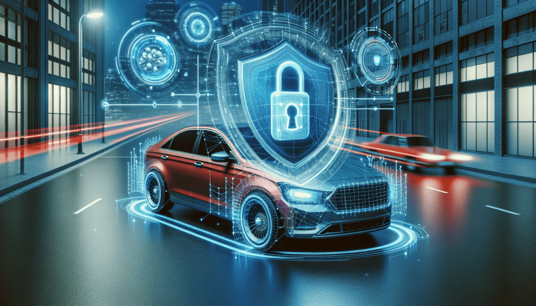 Modern Car with Digital Security Shields and Lock Icons