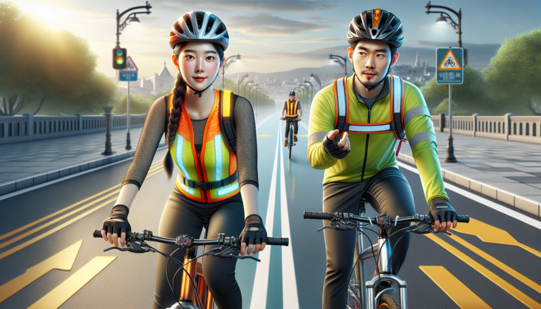 Cyclist wearing safety gear on urban bike path