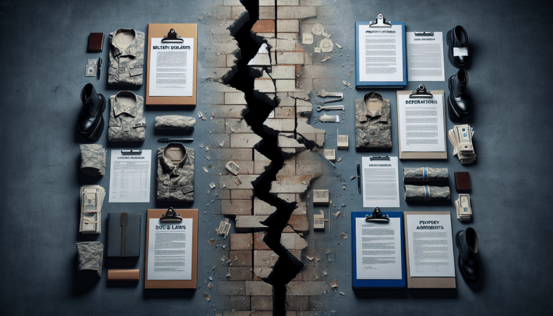 Military couple discussing divorce papers with lawyer