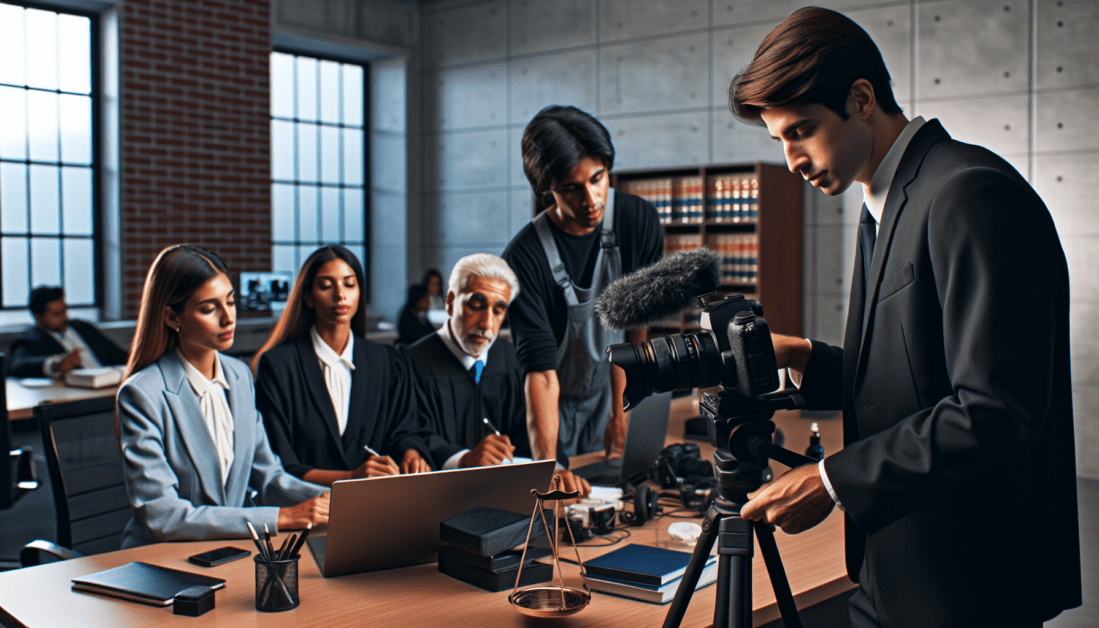 Legal video marketing guide with camera and scales