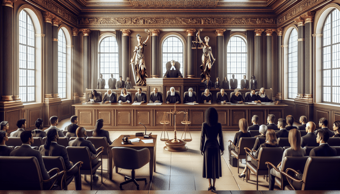 Judge's Gavel and Legal Books in Courtroom Setting