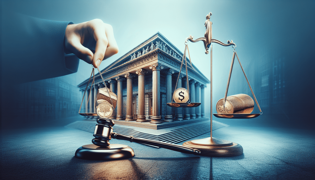 Bank building with legal scales and gavel icons