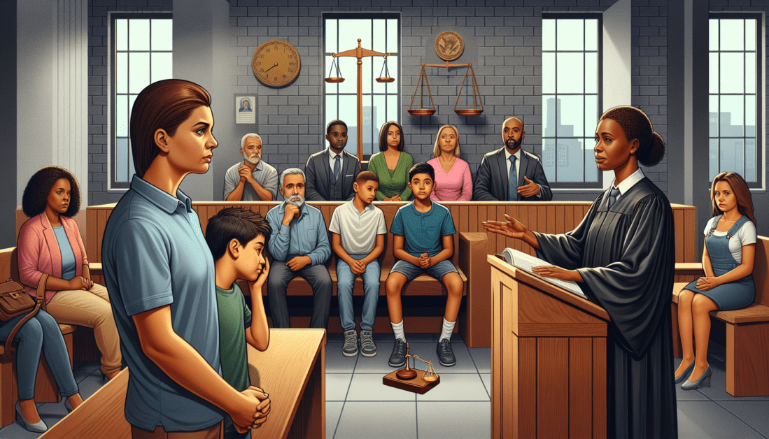 Juvenile court hearing with judge and families