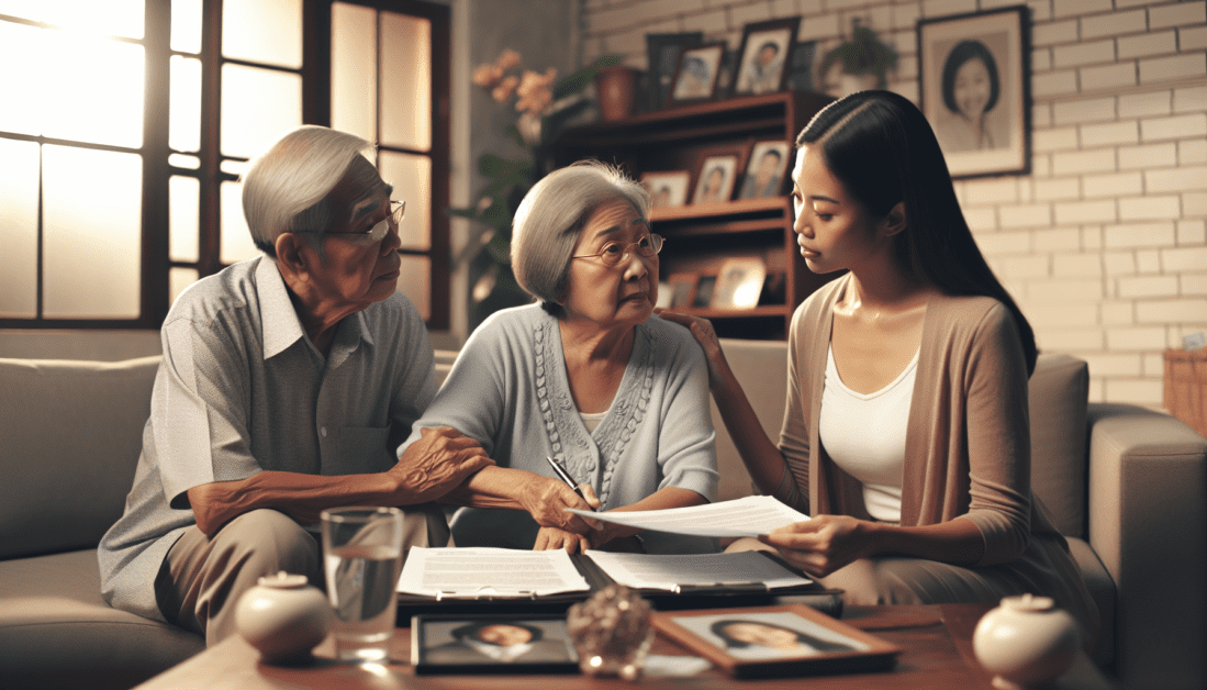 Elderly couple reviewing legal documents with attorney