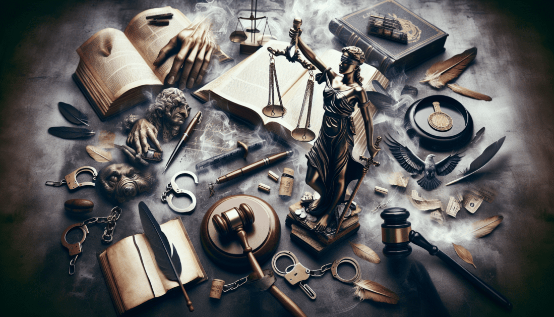 Legal Documents with Gavel and Handcuffs on Desk
