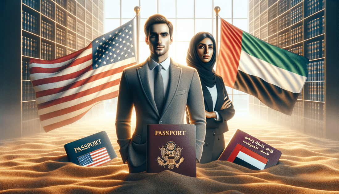 Two passports overlapping on a map background