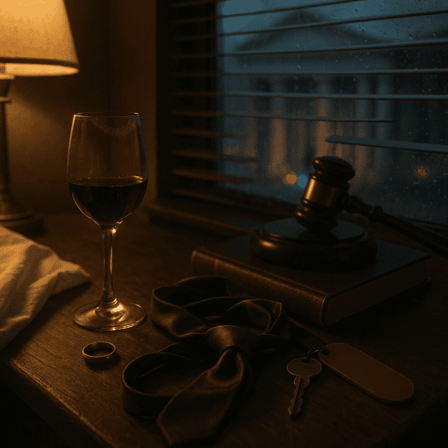 Gavel and Wedding Rings on a Wooden Table
