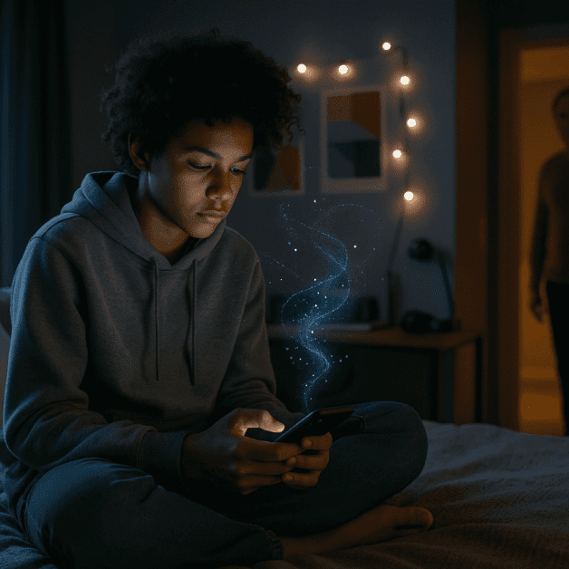 Teen Using Phone with Ai Chat Interface Glowing