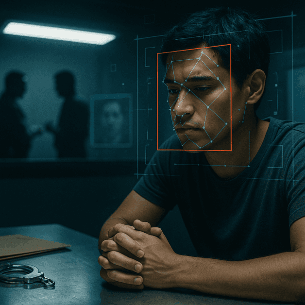 Person Behind Bars with Ai Circuit Patterns Overlaid