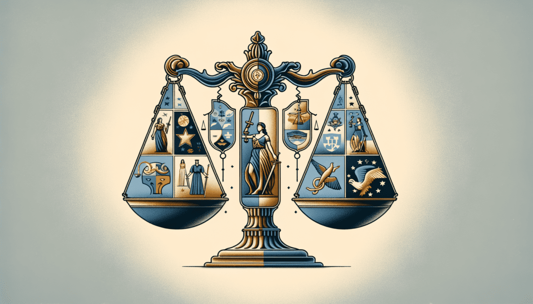 Young Couple Holding Hands Under State Law Books