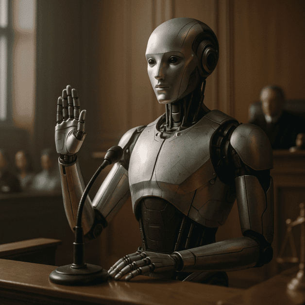 Ai Robot Witness Testifying in a Courtroom