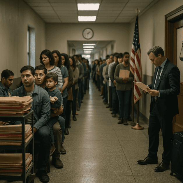 Immigration Court Hearing Room with Crowded Waiting Area