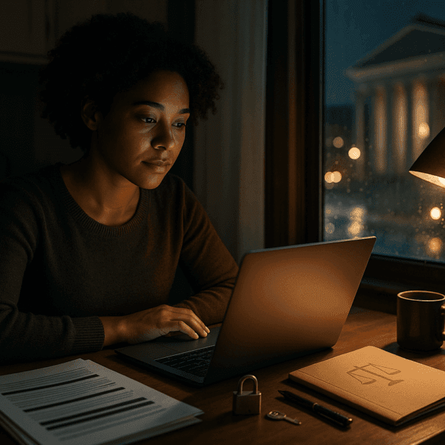 Young Adult Reading Legal Documents at Night