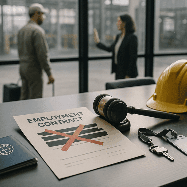 Torn Employment Contract with Gavel Nearby