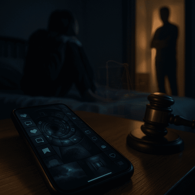 Teen Scrolling Phone with Dark Social Media Feed