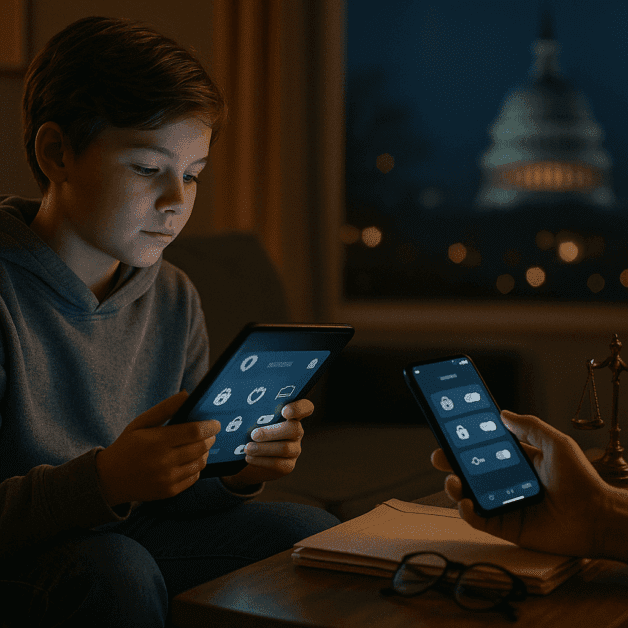 Child Using Tablet with Safety Shield Icon Overlay
