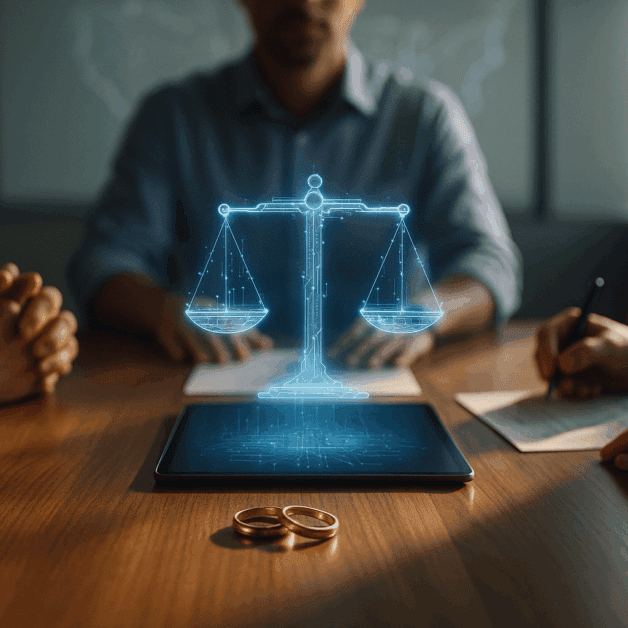 Scales of Justice with Ai Circuit Board Overlay