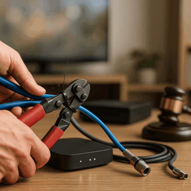 Person Cutting Cable and Internet Bundle Cord
