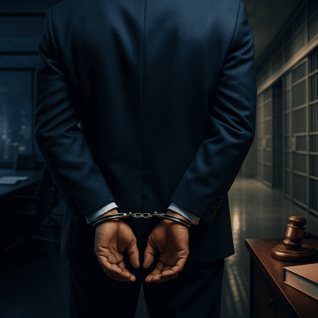 Businessman in Handcuffs with Gavel and Money