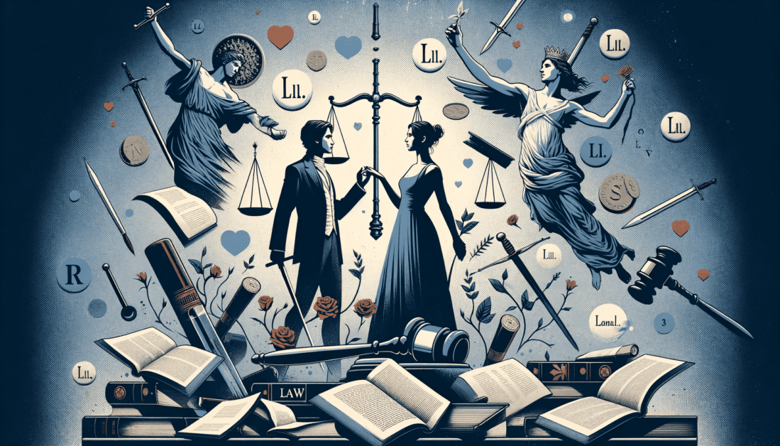 Romeo and Juliet law guide with legal scales and hearts