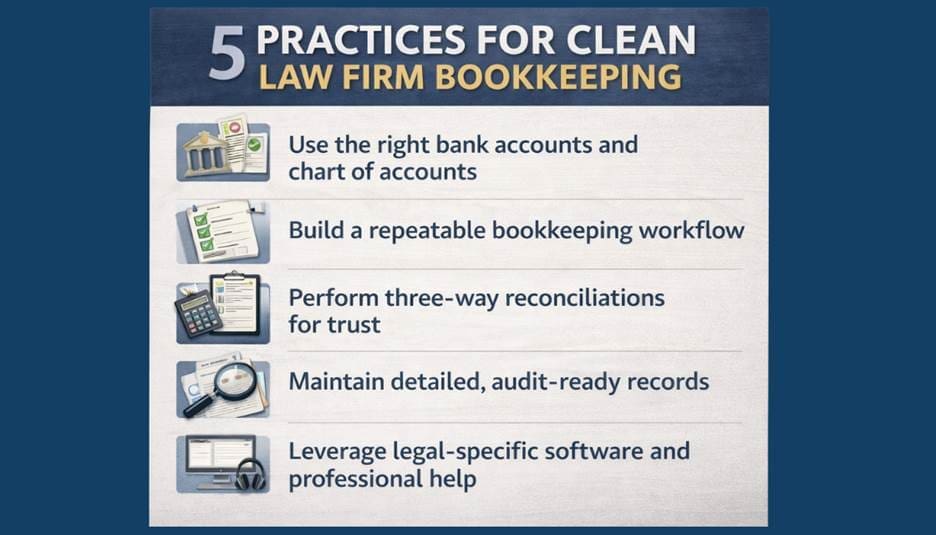 Infographic Outlining Five Bookkeeping Practices for Law Firms: Use the Right Bank Accounts and Chart of Accounts; Build a Repeatable Bookkeeping Workflow; Perform Three-way Reconciliations for Trust; Maintain Detailed, Audit-ready Records; Leverage Legal-specific Software and Help.