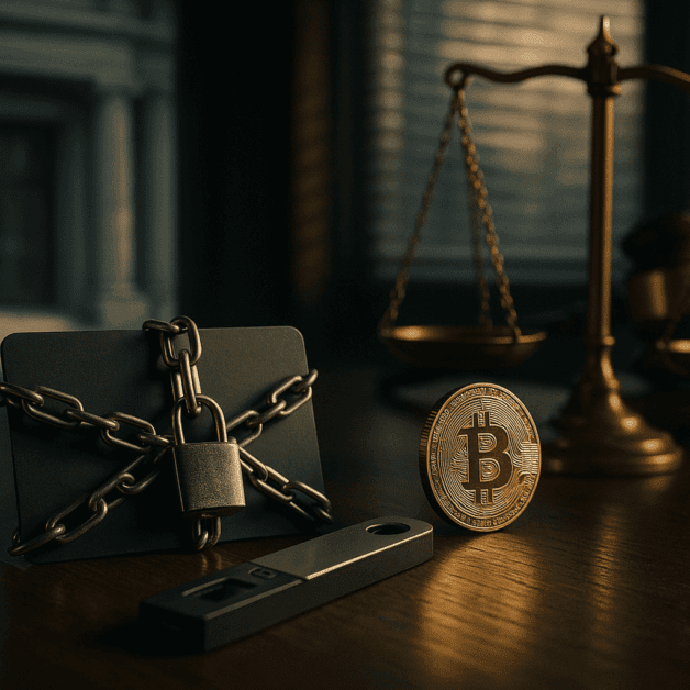 Bank Closing Crypto Account with Gavel and Bitcoin Symbol