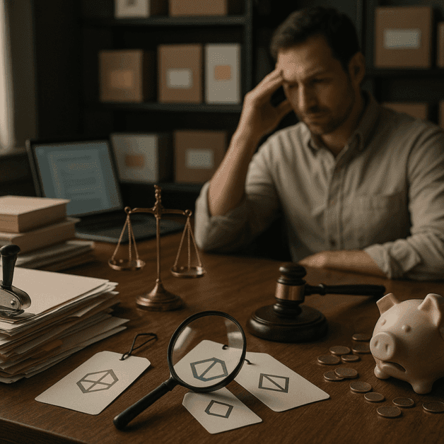 Stressed Business Owner Reviewing Trademark Legal Documents