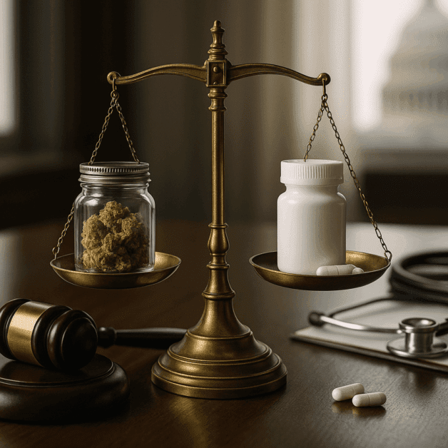 Cannabis leaves with a DEA schedule label
