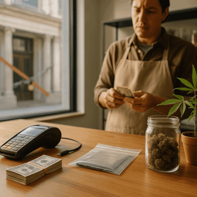 Cannabis Plant Next to a Closed Bank Door